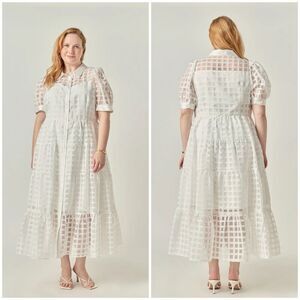 English Factory Gridded Organza Tiered Maxi Dress Plus Size 1X Puff Sleeve New